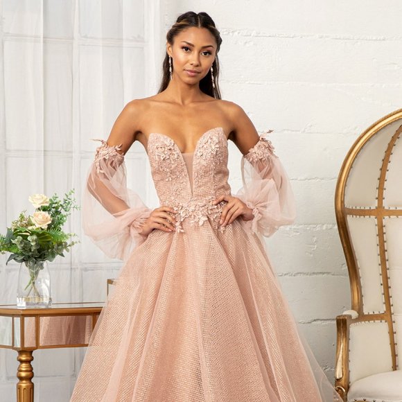 NEW ROSE-GOLD EMBELLISHED GLITTER NETTING DETACHED LONG SLEEVES DRESS GL3015